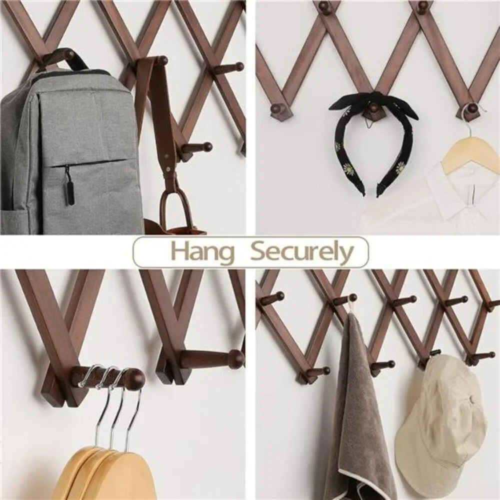 Expandable Hat Rack Wall Mount Wooden Hat Holder 16 Hooks Baseball Caps Bags